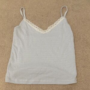 Brandy Melville White and Gray Striped Cami with Lace Trim